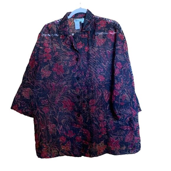 Coldwater Creek Womens Plus Size 1X Multicolor Floral Linen Blend Button Blouse - Picture 1 of 7